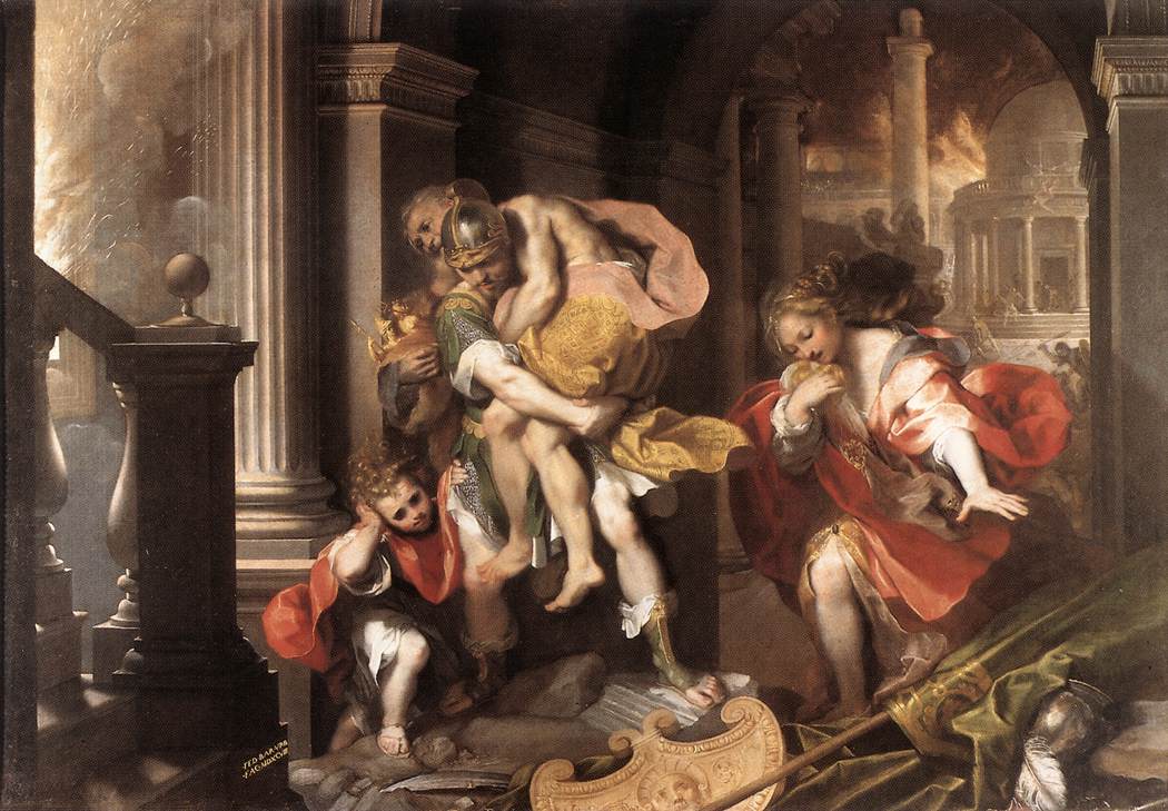 Aeneas carries his father out of burning Troy.