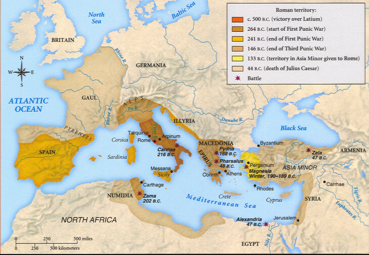 Map of the growth of areas under Roman control to 44 B.C.