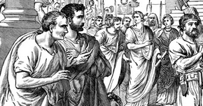 Brutus and Cassius observing Caesar.