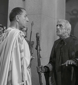 Louis Calhern as Julius Caesar;Richard Hale as the Soothsayer. 1953.