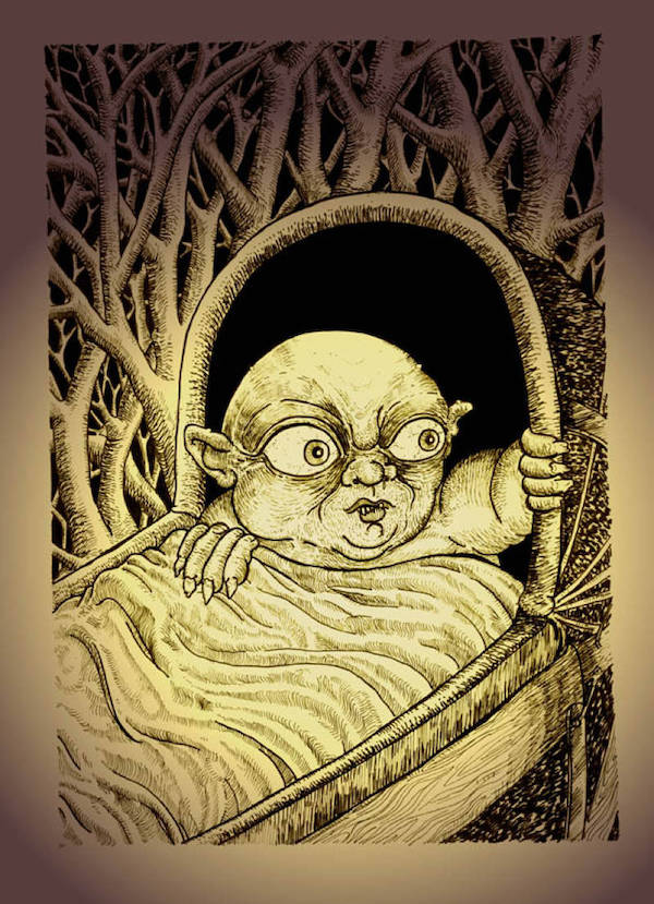 evil-looking changeling in a cradle