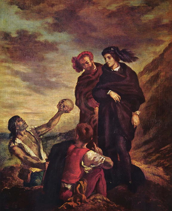 gravediggers showing Hamlet and Horatio a skull