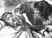 Claudius pouring poison in the ear of King Hamlet by H.C. Selous
