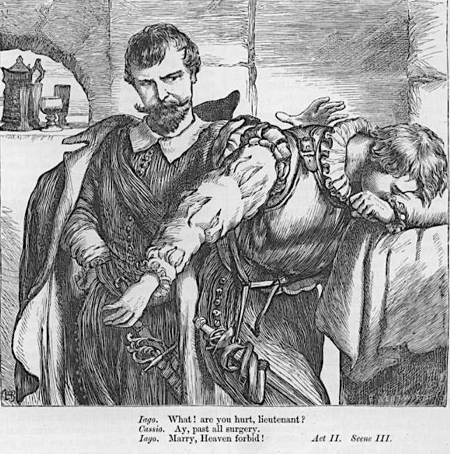Engraving by H.C. Selous. Iago saying to Cassio, 'What, are you hurt, lieutenant?'