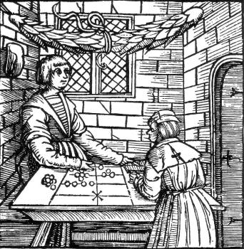 woodcut of a counting table