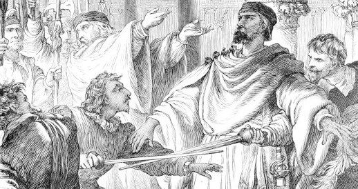 Othello intervening between two men with swords drawn