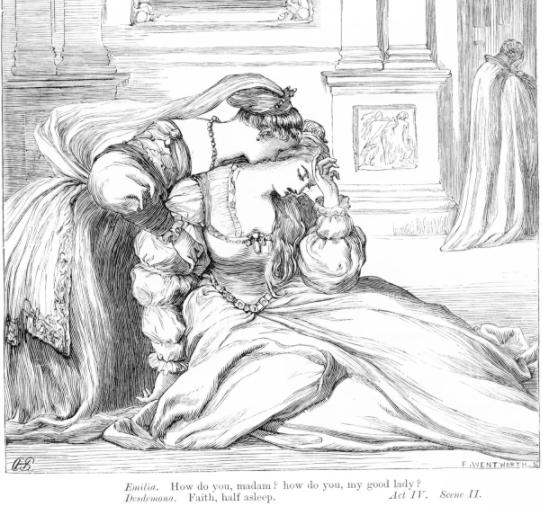 Engraving by H.C. Selous: Emilia saying 'How do you, madam? how do you, my good lady?' to Desdemona