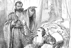 Emilia defying Othello; body of Desdemona in the background