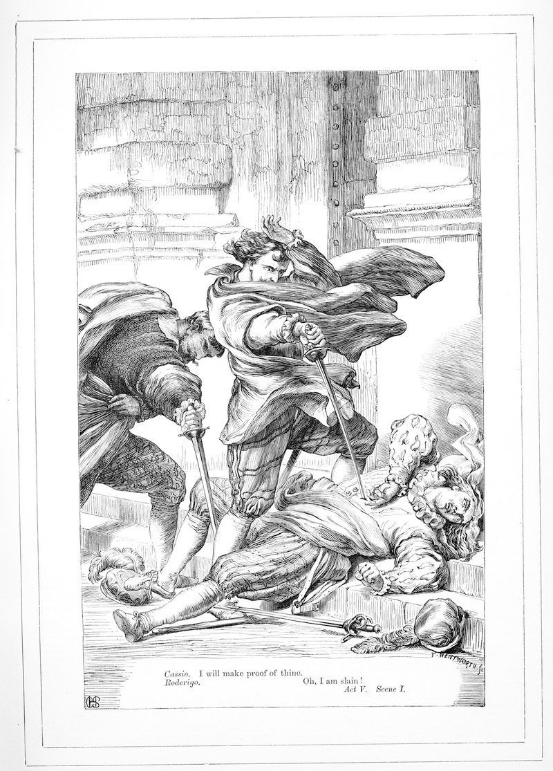 Engraving by H.C. Selous: Cassio stabbing Roderigo; Iago cutting leg of Cassio