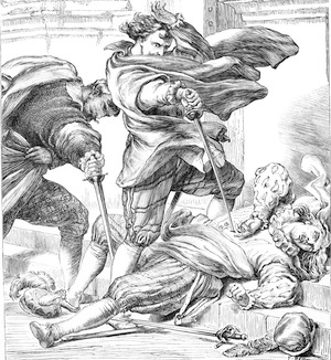 Engraving by H.C. Selous: Cassio stabbing Roderigo; Iago cutting leg of Cassio