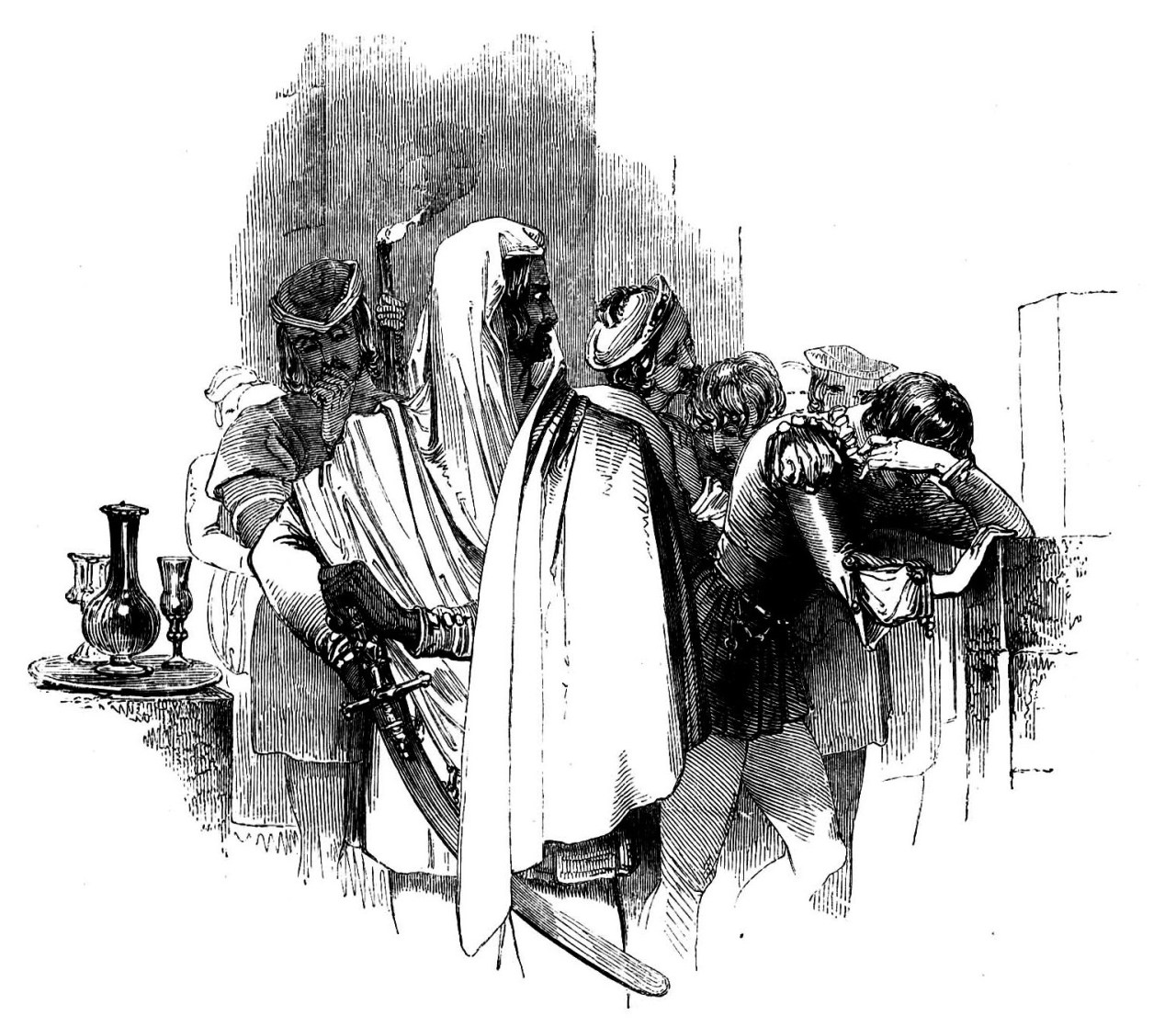 Engraving by Kenny Meadows of Othello and Cassio. Othello saying 'Never more be officer of mine'
