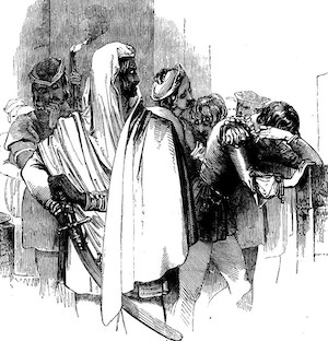 Engraving by Kenny Meadows of Othello and Cassio. Othello saying 'Never more be officer of mine'