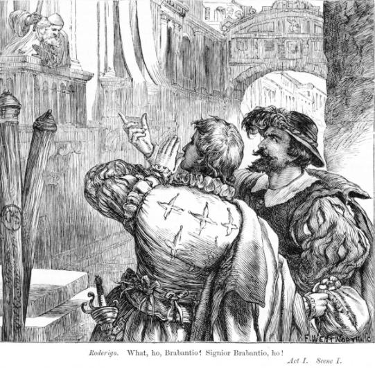 Iago and Roderigo yelling at Brabantio