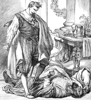 Iago with foot on Othello who is in a trance