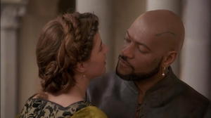 Desdemona saying 'Why, your lieutenant, Cassio' to Othello