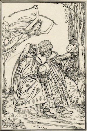 'Enter ARIEL, driving in CALIBAN, STEPHANO and TRINCULO, in their stolen apparel'