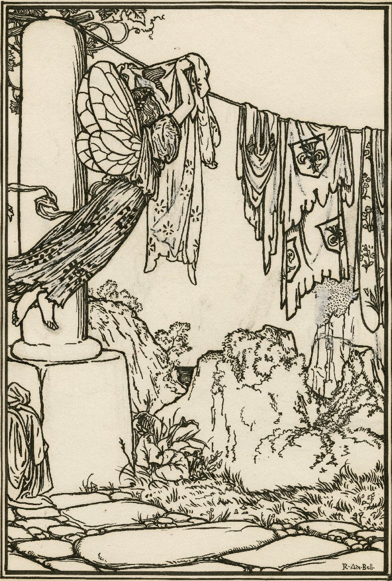 Ariel hanging apparel on a line