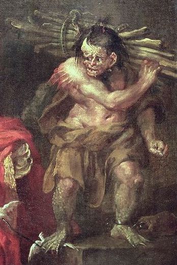 Caliban with a burden of wood.