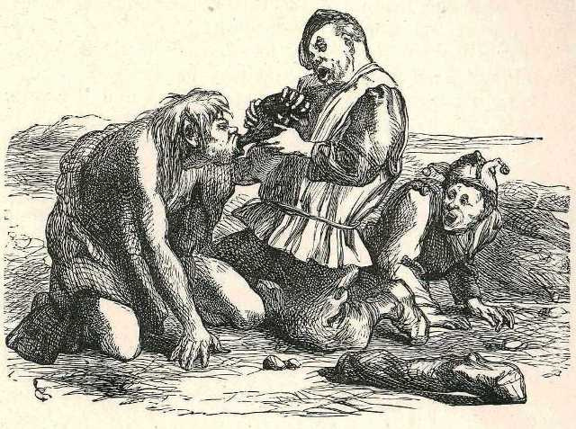 Caliban being given a drink by Stephano; Trinculo looking on.