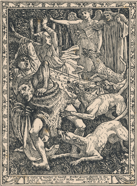 Stephano, Trinculo, and Caliban chased by hounds