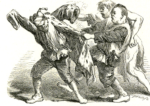 Trinculo and Stephano fight over a gown as Caliban tries to stop them